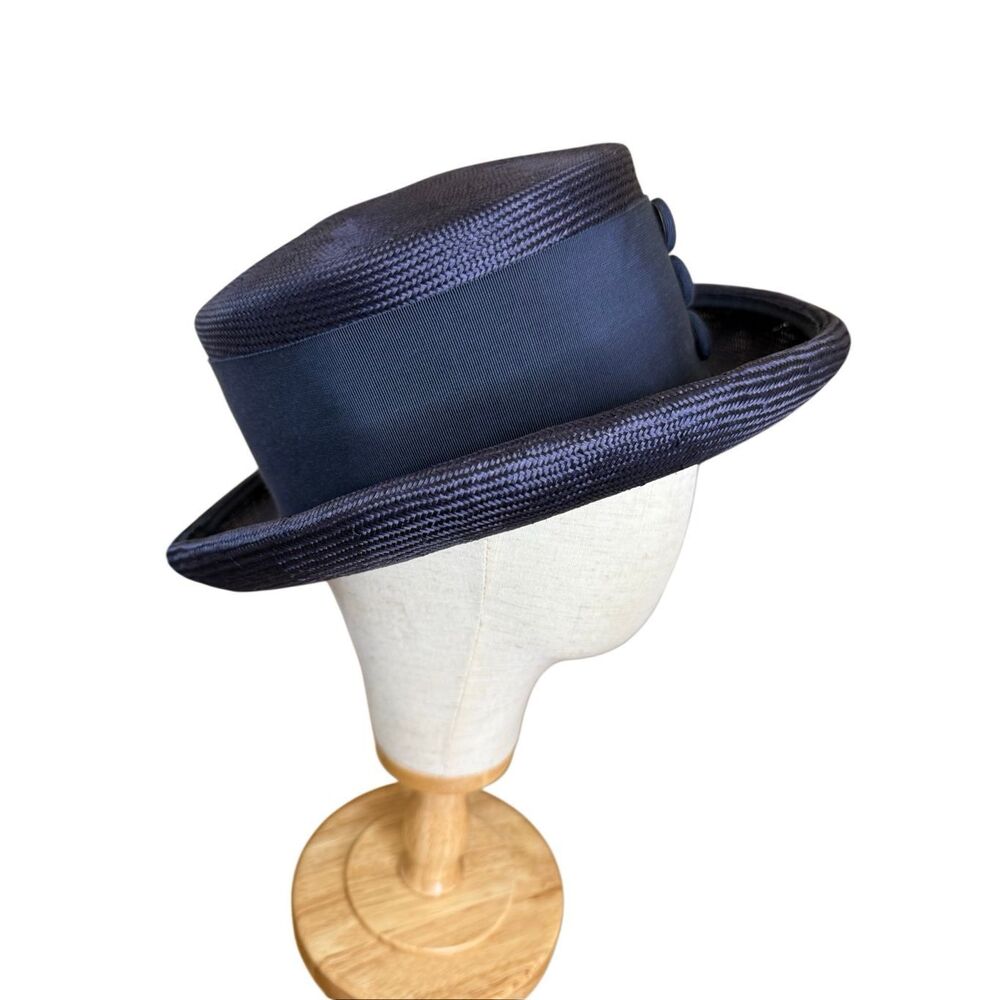 Vintage Eric Javits Boater Hat Navy Straw Grosgrain Ribbon Three Buttons Regal - Picture 2 of 9